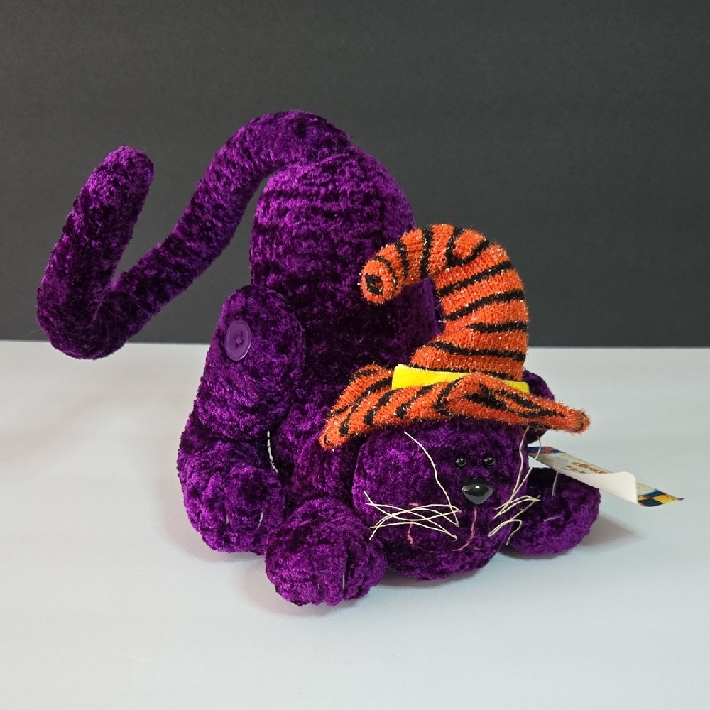 Halloween Decor Purple Cat Plush with Orange Witch Hat